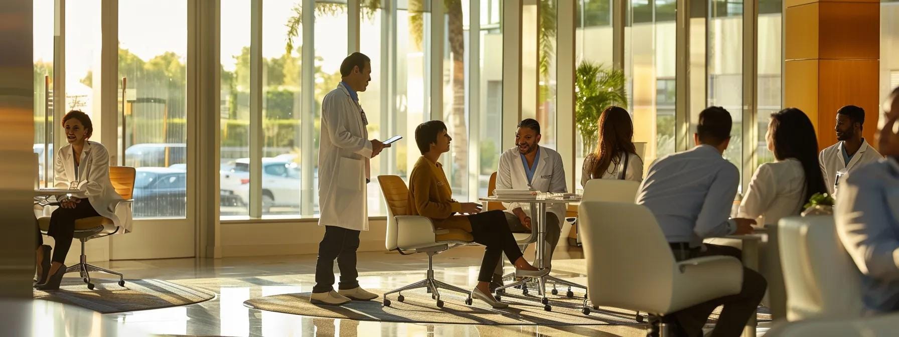 a sleek, modern healthcare office with a diverse group of professionals engaged in a focused discussion around a digital tablet, showcasing collaborative strategies for implementing value-based care to enhance patient outcomes and reduce costs.