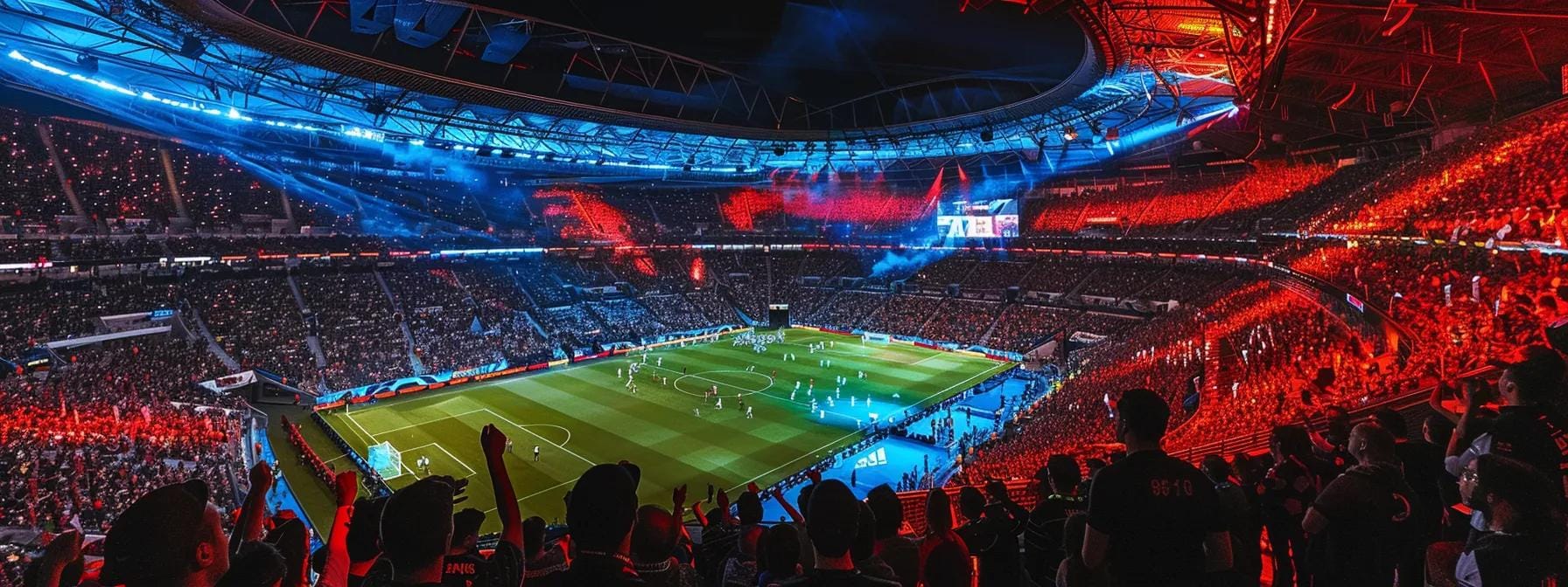 a vibrant, modern stadium filled with enthusiastic fans engaging with interactive digital displays, showcasing the future of the fifa club world cup experience amid dynamic lighting and energetic atmosphere.