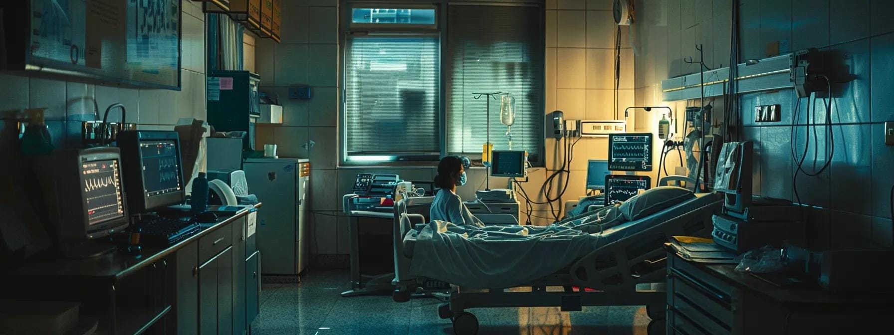 a dimly lit urban hospital room illustrates the stark reality of maternal health in 2025, with a visibly concerned mother in a hospital bed and medical monitors highlighting the impacts of pollution-related complications on maternity outcomes.