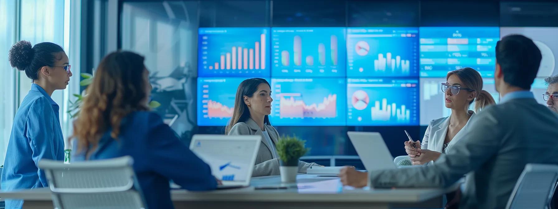 a dynamic office setting featuring a diverse group of professionals engaged in a strategic meeting, analyzing data on digital screens, discussing revised scheduling practices, and collaborating on marketing strategies to enhance fan engagement despite attendance challenges.