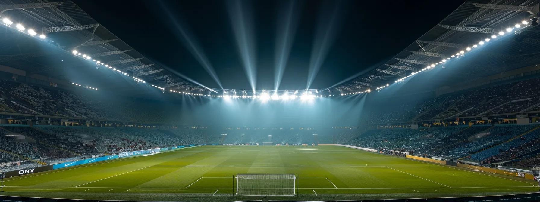 a half-empty stadium under dramatic floodlights captures the tension of a fifa club world cup match, highlighting the contrasting enthusiasm of a few vibrant fans against a backdrop of empty seats, symbolizing the challenges of low attendance and engagement in the event.