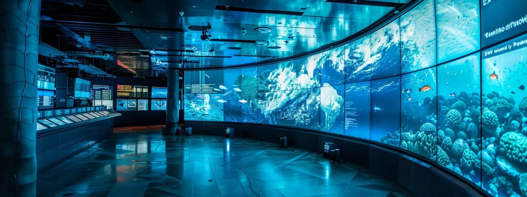 a high-tech visualization of ocean currents in an expansive, futuristic control room, with dynamic digital displays illustrating the effects of polar ice melt on water density and salinity, emphasizing the interconnected processes affecting global climate patterns.