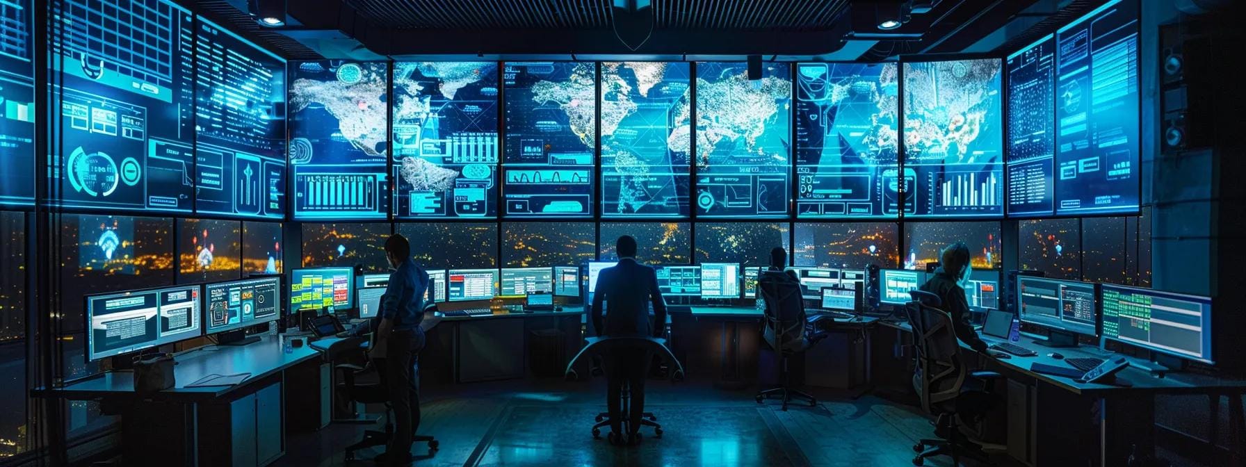 a high-tech urban control center filled with glowing screens displays real-time pollution data, showcasing satellite imagery and iot sensor analytics, symbolizing the future of environmental monitoring and health protection in 2025.