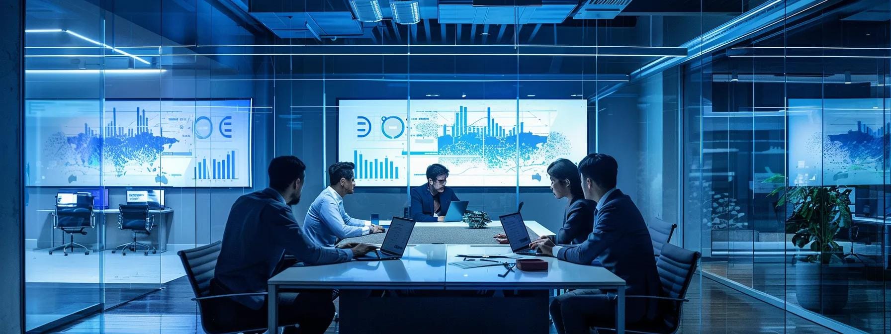a modern office space showcases a sleek conference table, surrounded by data analysis charts on screens, as professionals engage in a dynamic discussion about risk management strategies.