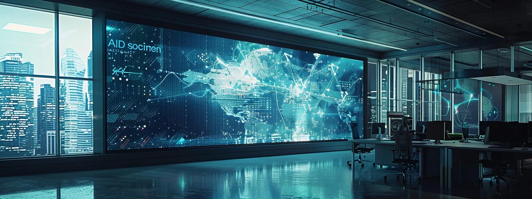 a stark urban office setting features a large digital display showcasing a bold graphic representation of polar feedback loops, with striking visuals of shrinking ice caps and dark ocean surfaces, emphasizing the urgent theme of climate change acceleration.