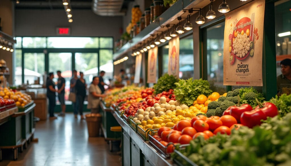 The scene in the supermarket depicts urban shoppers comparing packages of processed food with fresh fruits and vegetables, which illustrates the dietary shifts caused by urbanisation.