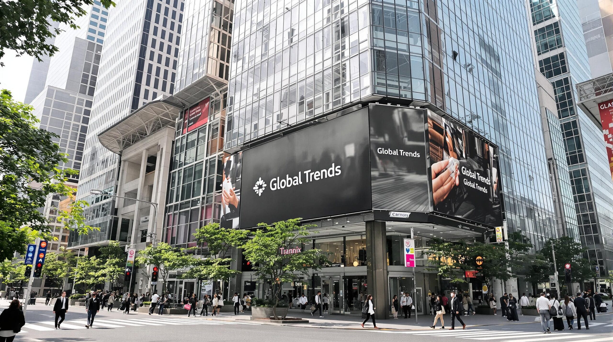 The text 'Global Trends' is repeated in bold white letters on a dark background, symbolising global patterns or movements.