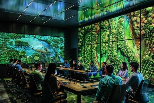 Explore Global Forest Insights to Tackle Climate Challenges A modern conference room is filled with diverse professionals who are engaging in a dynamic discussion, while digital displays showcase vibrant global forest data and visuals of climate impact.