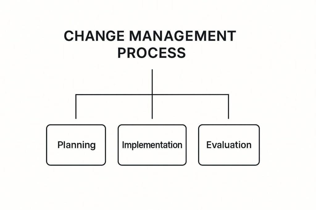 The diagram illustrates the three stages of change management: planning, implementation, and evaluation.
