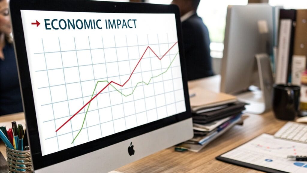 An infographic depicts a globe adorned with currency symbols, demonstrating the impact of trade deficits on economies.