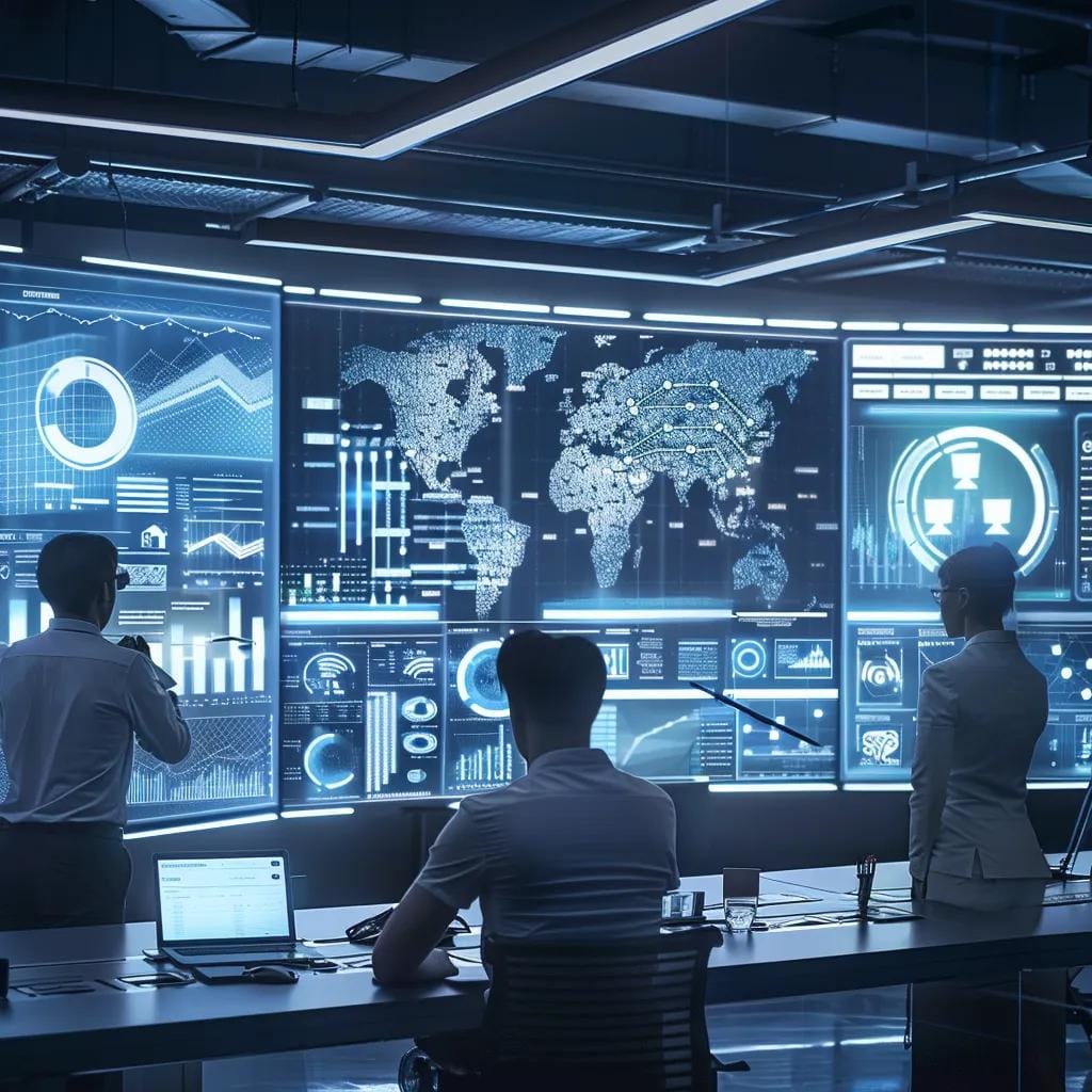 Futuristic workspace with diverse analysts discussing data analytics and visualisations in global business insight