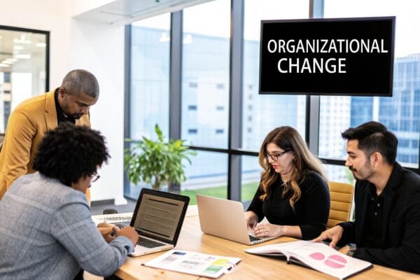 Navigating the Future: What is Organisational Change Management? An illustration depicts a team working together around a flowchart, signifying the transformation of an organisation.
