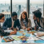 Diverse global business insight professionals collaborating over a world map in a modern office setting
