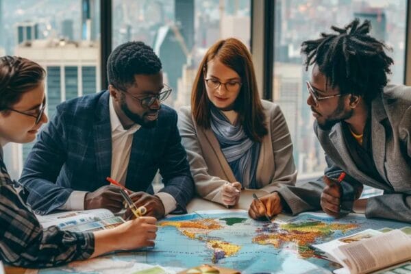Unlocking Global Business Insights: Proven Strategies for Success in a Competitive World Diverse global business insight professionals collaborating over a world map in a modern office setting