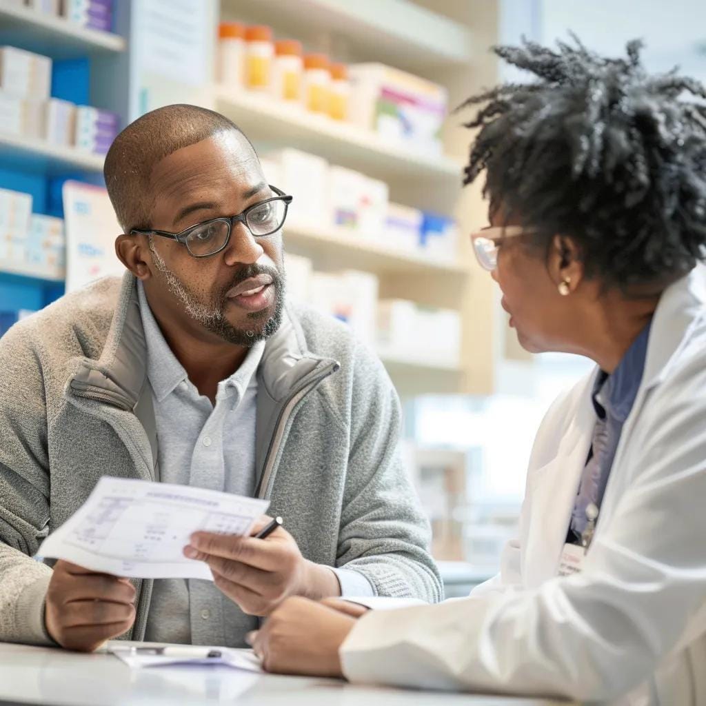 A healthcare professional explaining semaglutide dosage to a patient in a clinical setting