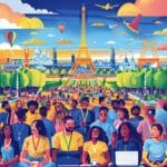 Group of diverse viewers excitedly watching the Paris 2024 Olympics on devices