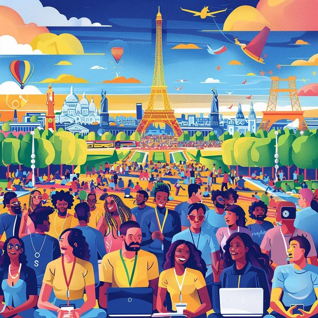Group of diverse viewers excitedly watching the Paris 2024 Olympics on devices