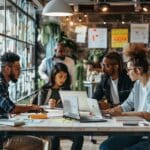 Diverse HR professionals collaborating in a modern office, showcasing teamwork and innovation