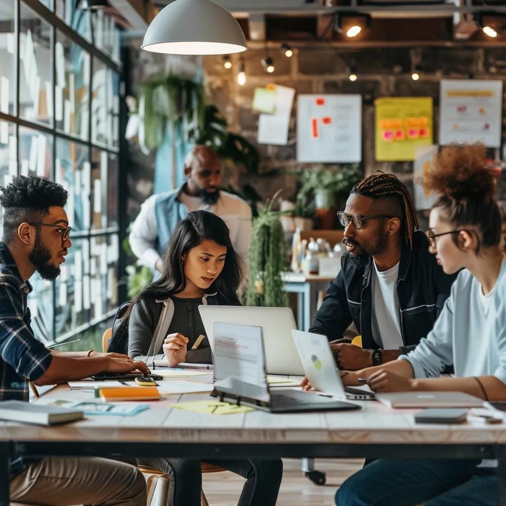 Diverse HR professionals collaborating in a modern office, showcasing teamwork and innovation