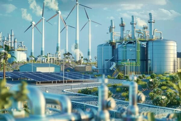 Green Hydrogen Production Cost in 2024: Comprehensive Breakdown by Region and Technology Green hydrogen production facility with electrolyzers and renewable energy sources